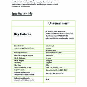 Universal aluminium gutter mesh specifications