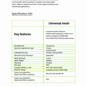 Universal aluminium gutter mesh specifications