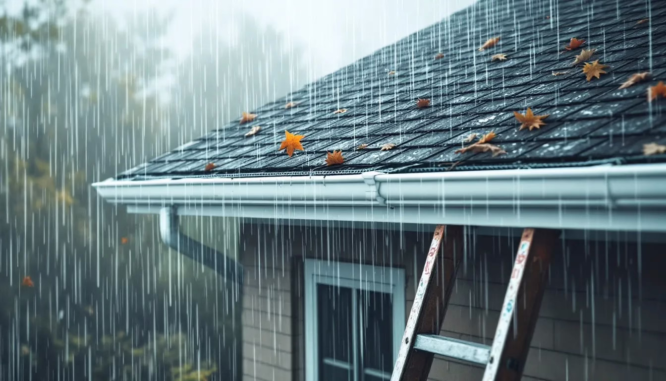 A house protected by gutter guards during a rainstorm.